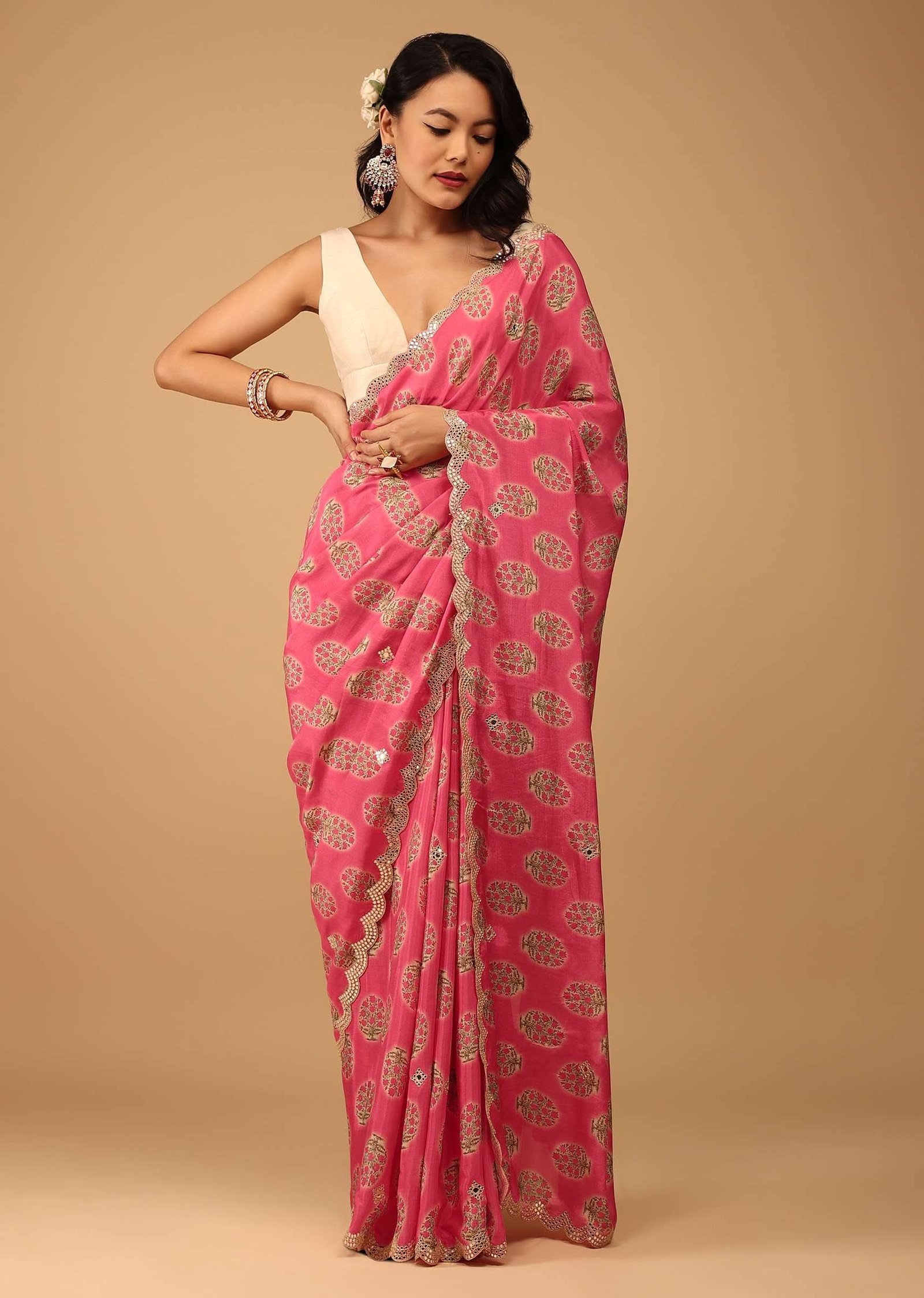Fuschia Pink Saree In Muslin With Floral Handblock Print
