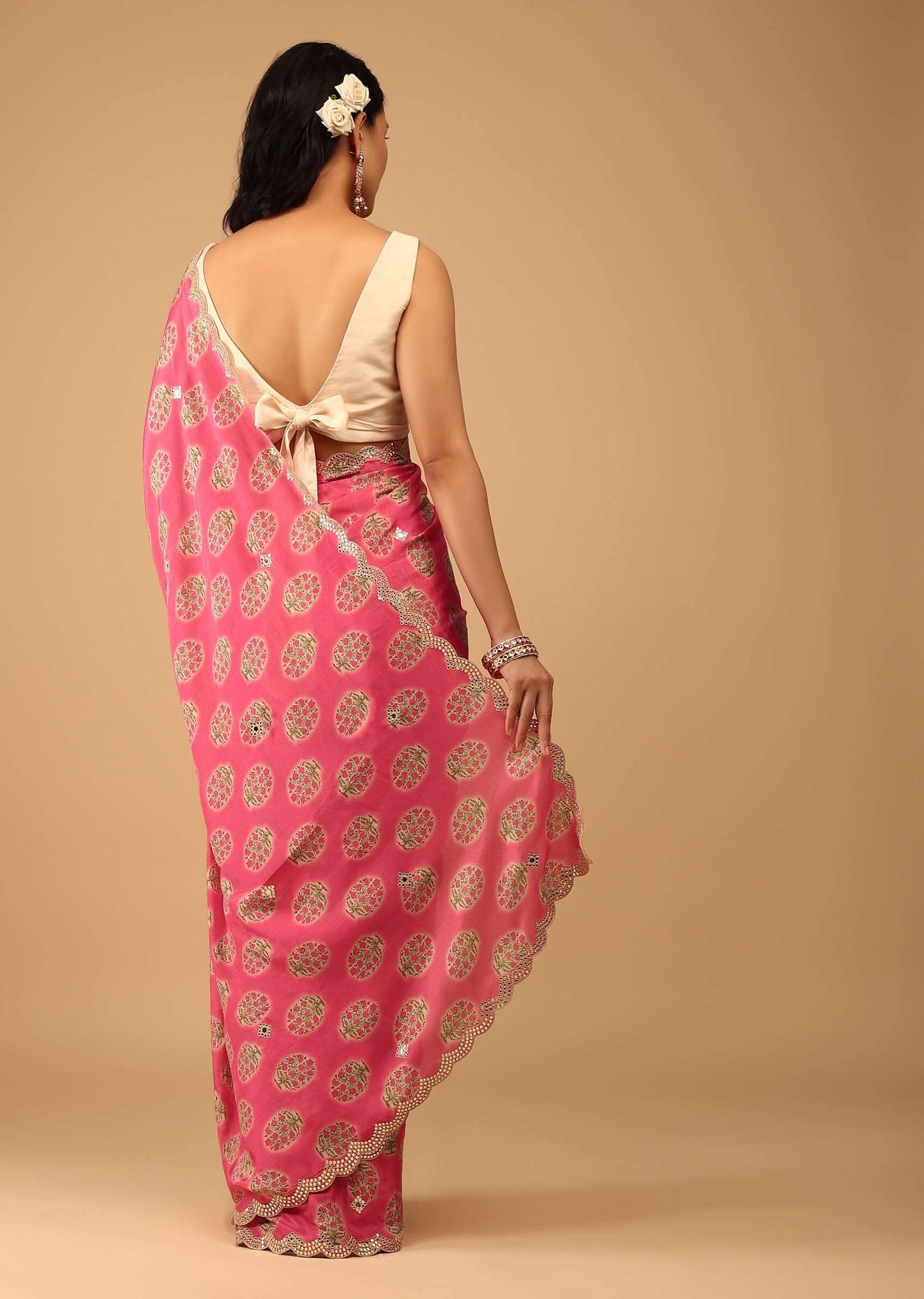Fuschia Pink Saree In Muslin With Floral Handblock Print - Image 6