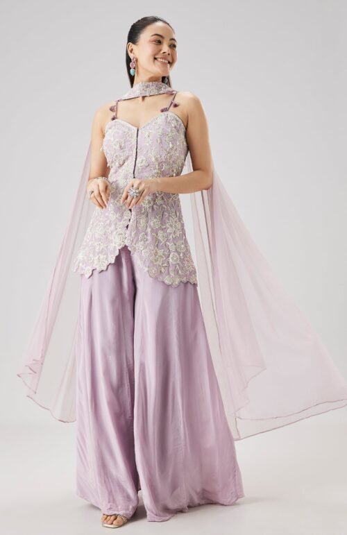 Lilac Embroidered Peplum Palazzo Set With Dupatta