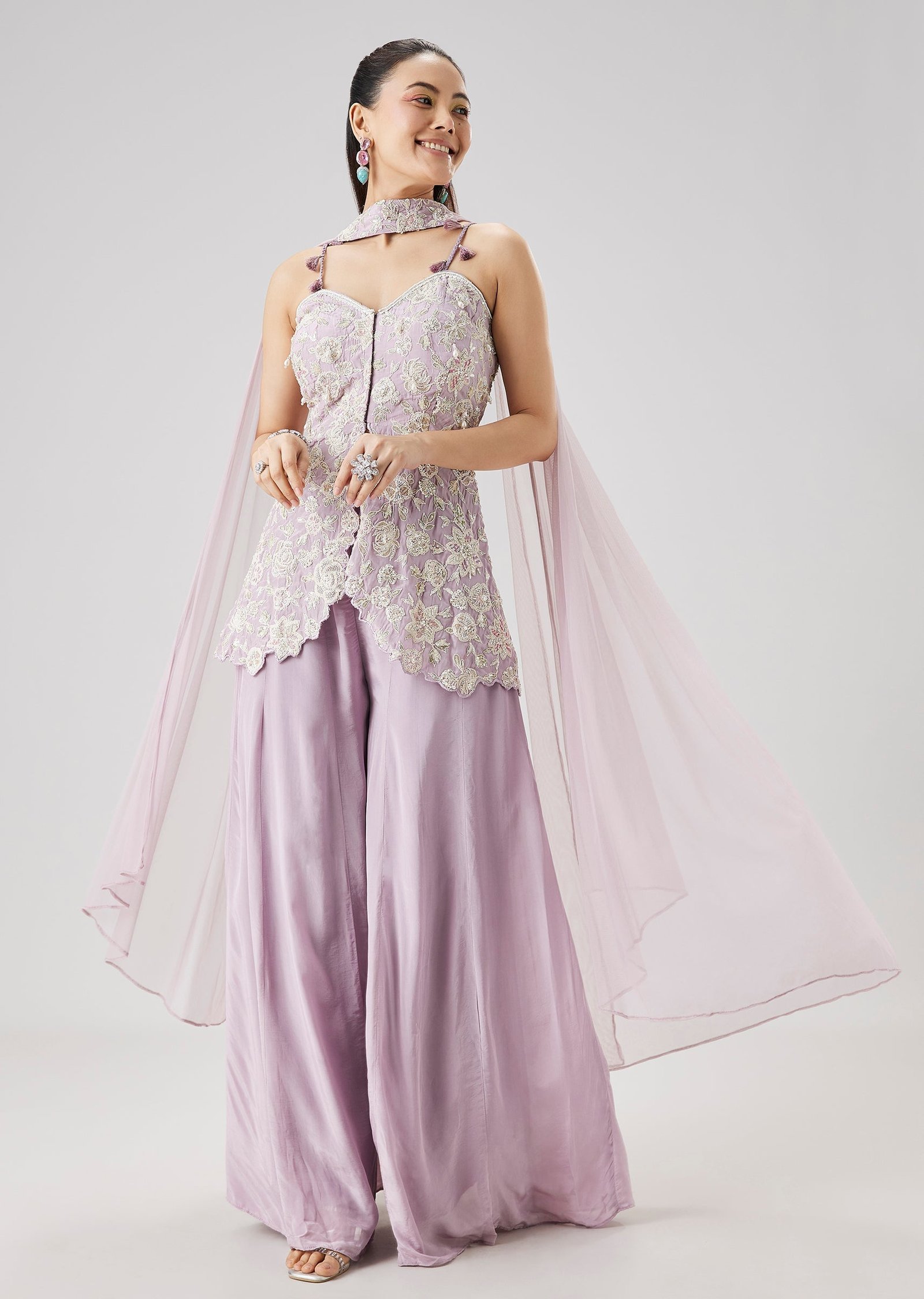 Lilac Embroidered Peplum Palazzo Set With Dupatta