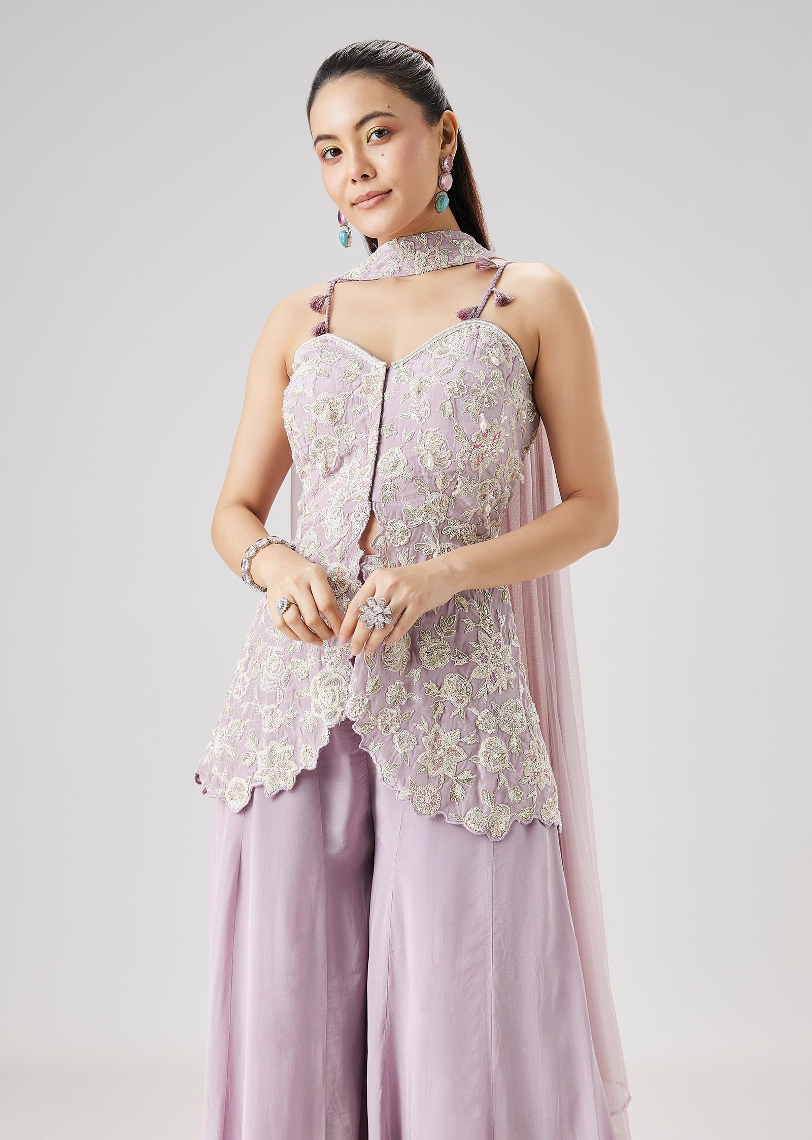 Lilac Embroidered Peplum Palazzo Set With Dupatta - Image 4