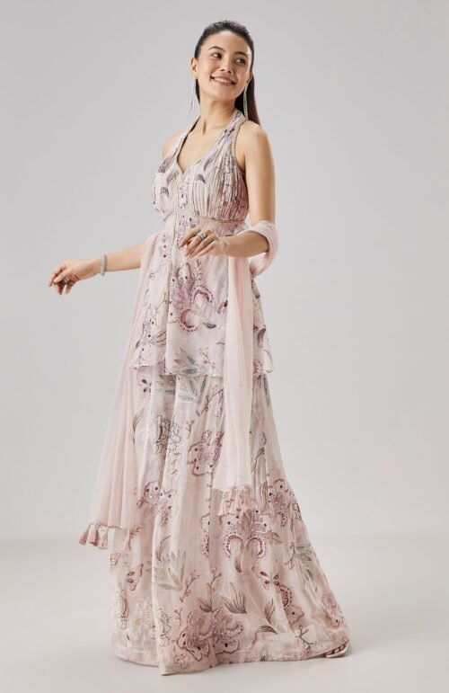 Lilac Printed Peplum Palazzo Set With Dupatta