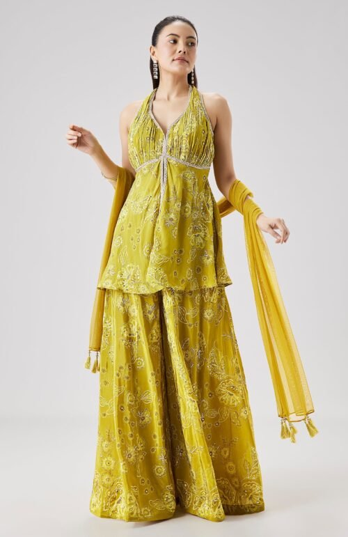 Lime Green Printed Peplum Palazzo Set With Dupatta