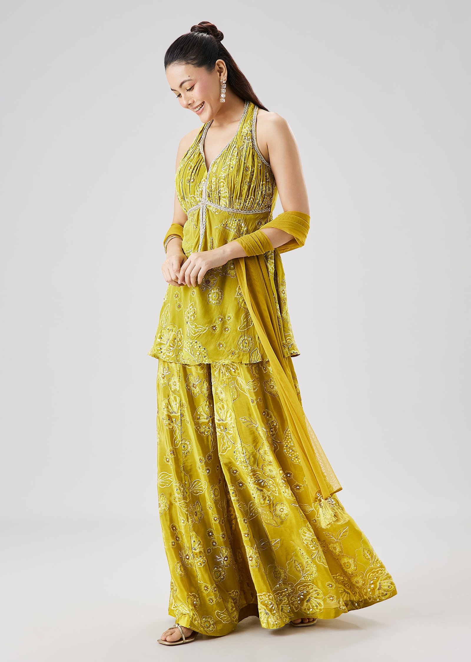 Lime Green Printed Peplum Palazzo Set With Dupatta - Image 3