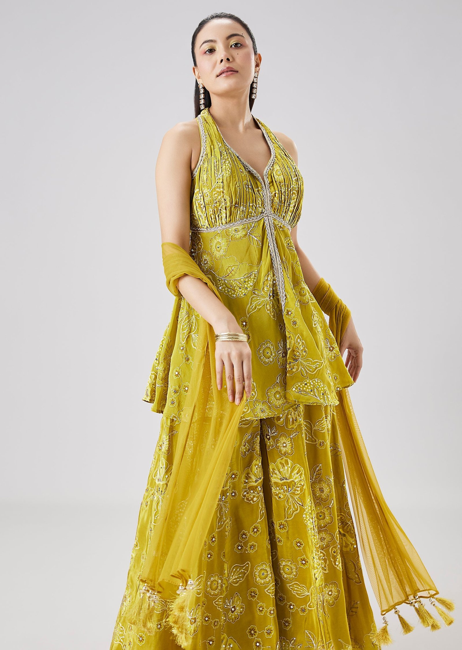 Lime Green Printed Peplum Palazzo Set With Dupatta - Image 4