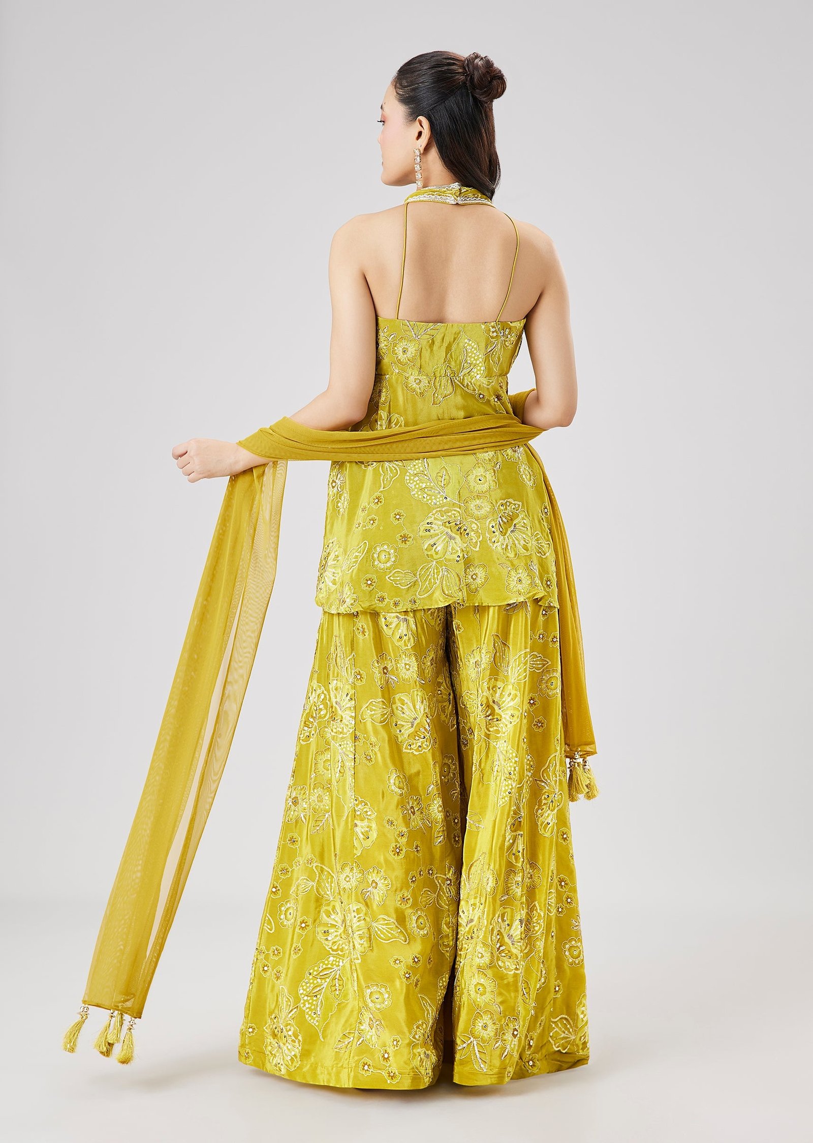 Lime Green Printed Peplum Palazzo Set With Dupatta - Image 5