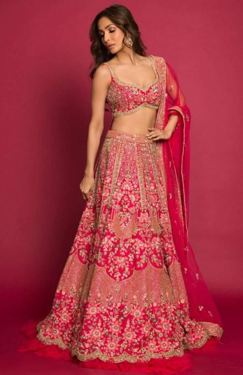 Malaika Arora In Kalki French Pink Raw Silk Heavy Embroidered Lehenga With Net Ruching