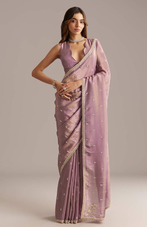 Mauve Tissue Saree With Cutdana And Bead Embroidery