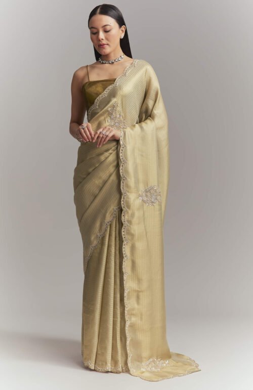 Mehendi Green Jacquard Tissue Embroidered Saree With Heavy Embroidery
