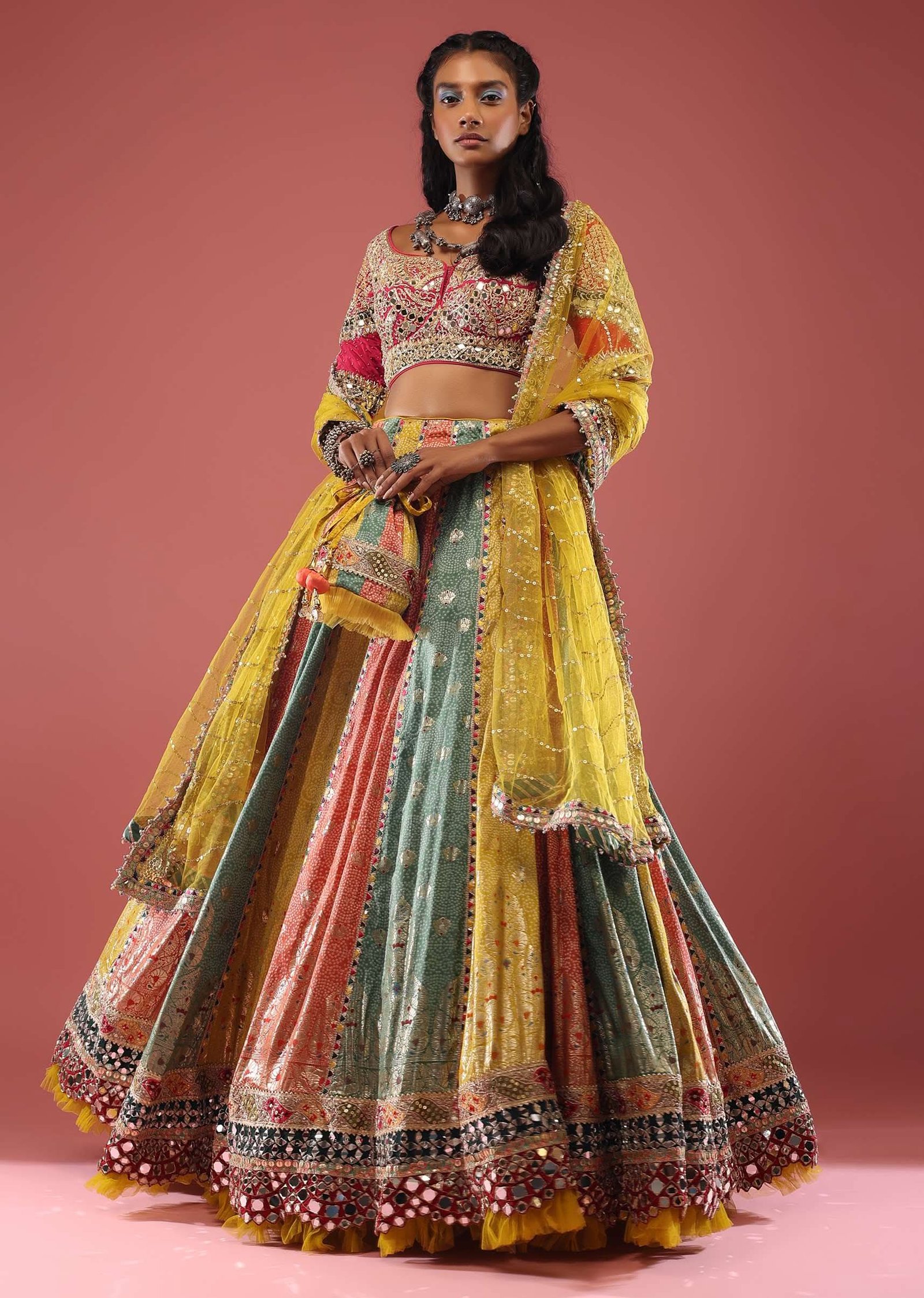 Multi Coloured Brocade Lehenga With Bandhani Print And Heavy Mirror Work On The Border - Image 2