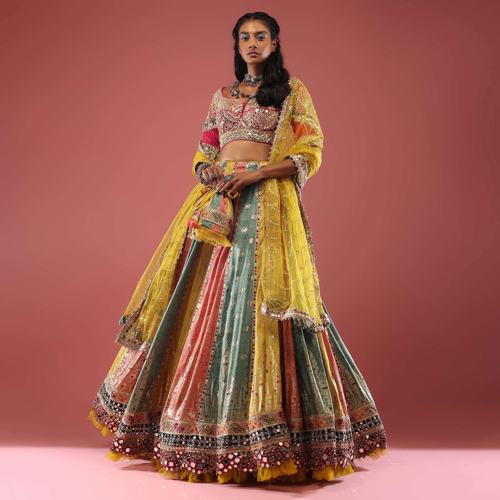Multi Coloured Brocade Lehenga With Bandhani Print And Heavy Mirror Work On The Border - Image 3