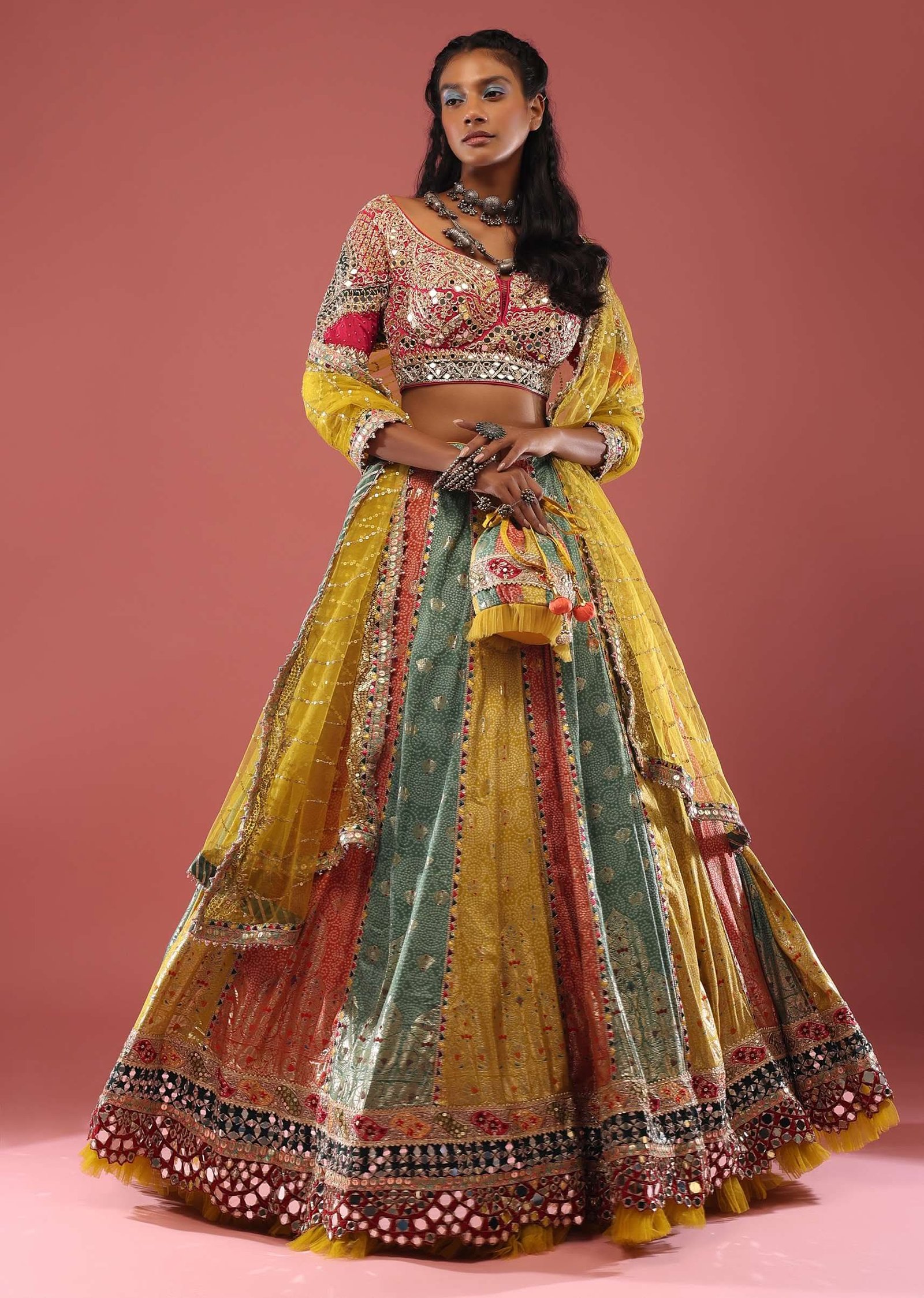 Multi Coloured Brocade Lehenga With Bandhani Print And Heavy Mirror Work On The Border - Image 4