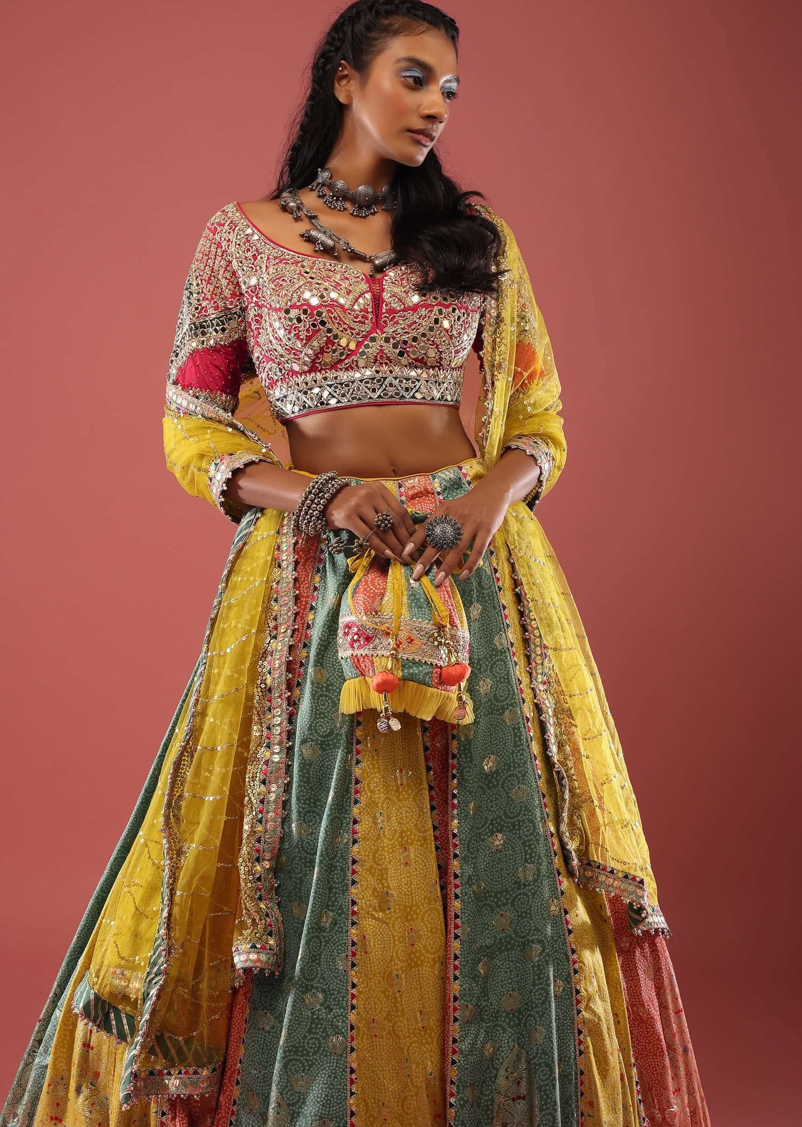 Multi Coloured Brocade Lehenga With Bandhani Print And Heavy Mirror Work On The Border - Image 5