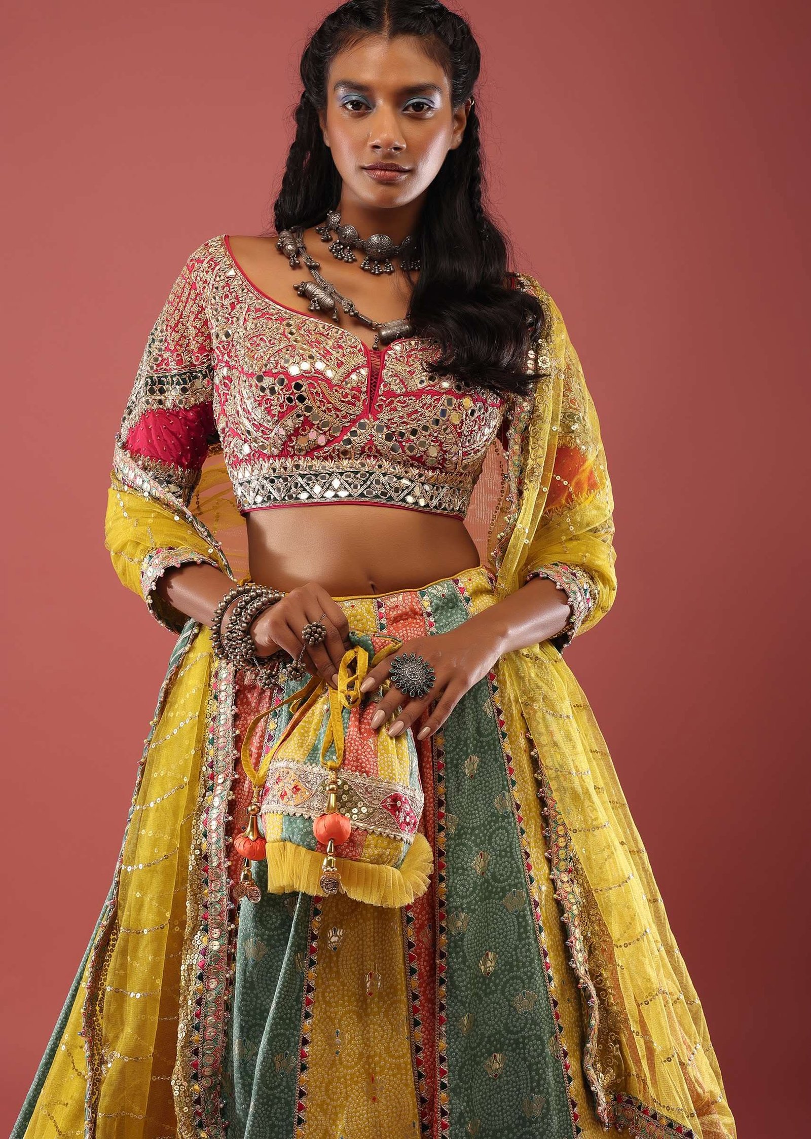 Multi Coloured Brocade Lehenga With Bandhani Print And Heavy Mirror Work On The Border - Image 6