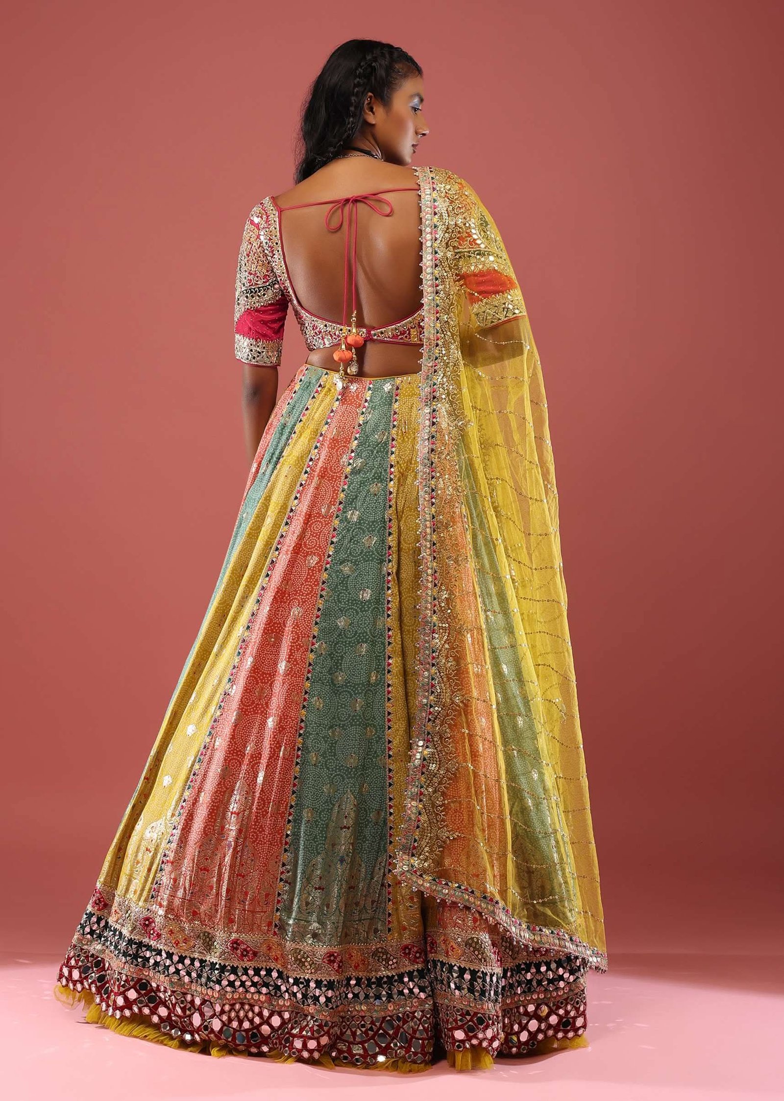 Multi Coloured Brocade Lehenga With Bandhani Print And Heavy Mirror Work On The Border - Image 7
