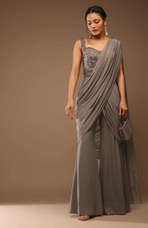 Opal Grey Ready-Pleated Saree Palazzo In Portrait Neckline Sleeveless With The Stones Embellishment In Linings Design