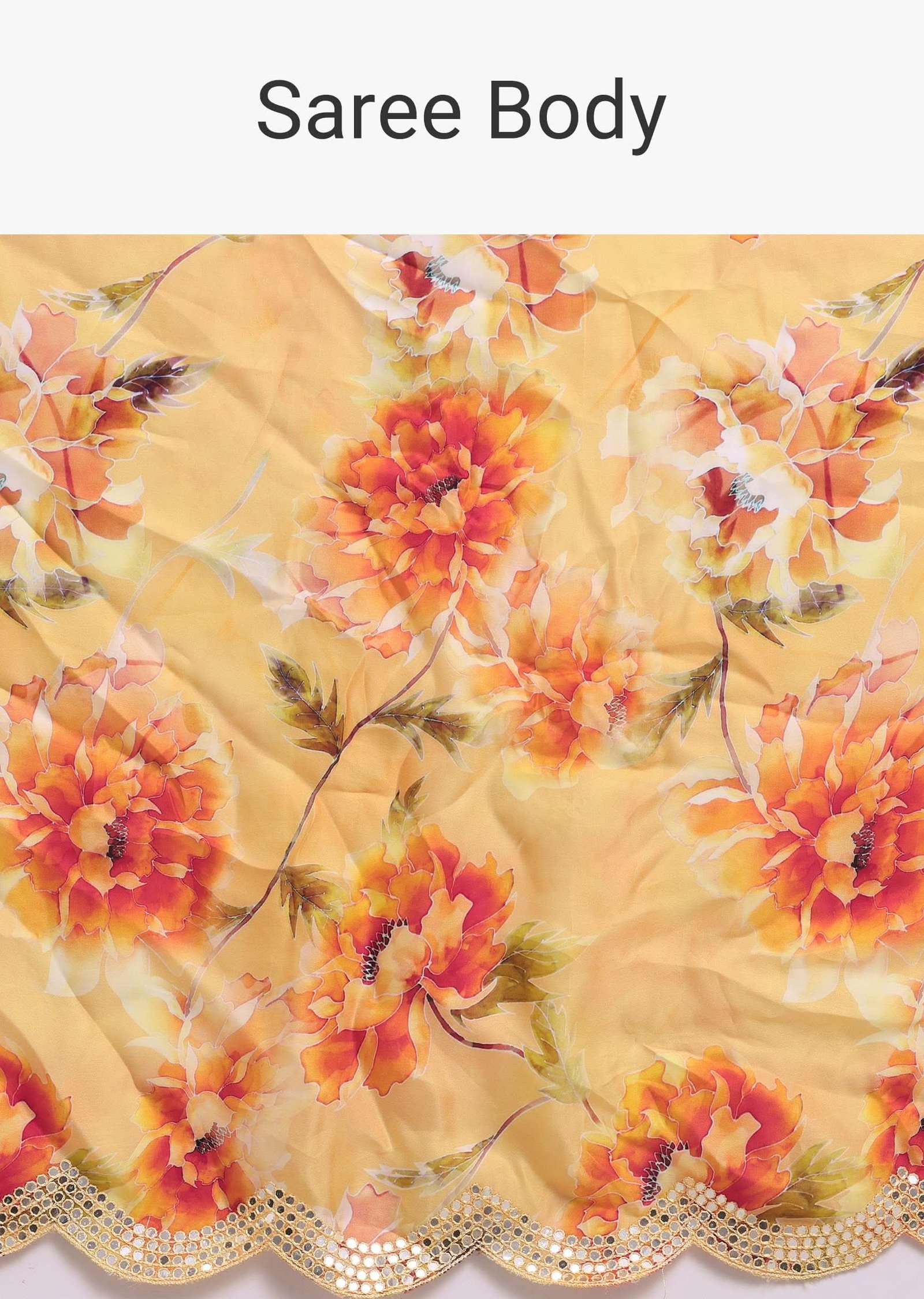 Amber Yellow Festive Saree In Muslin With Floral Prints And Gota Patti Border Work - Image 10