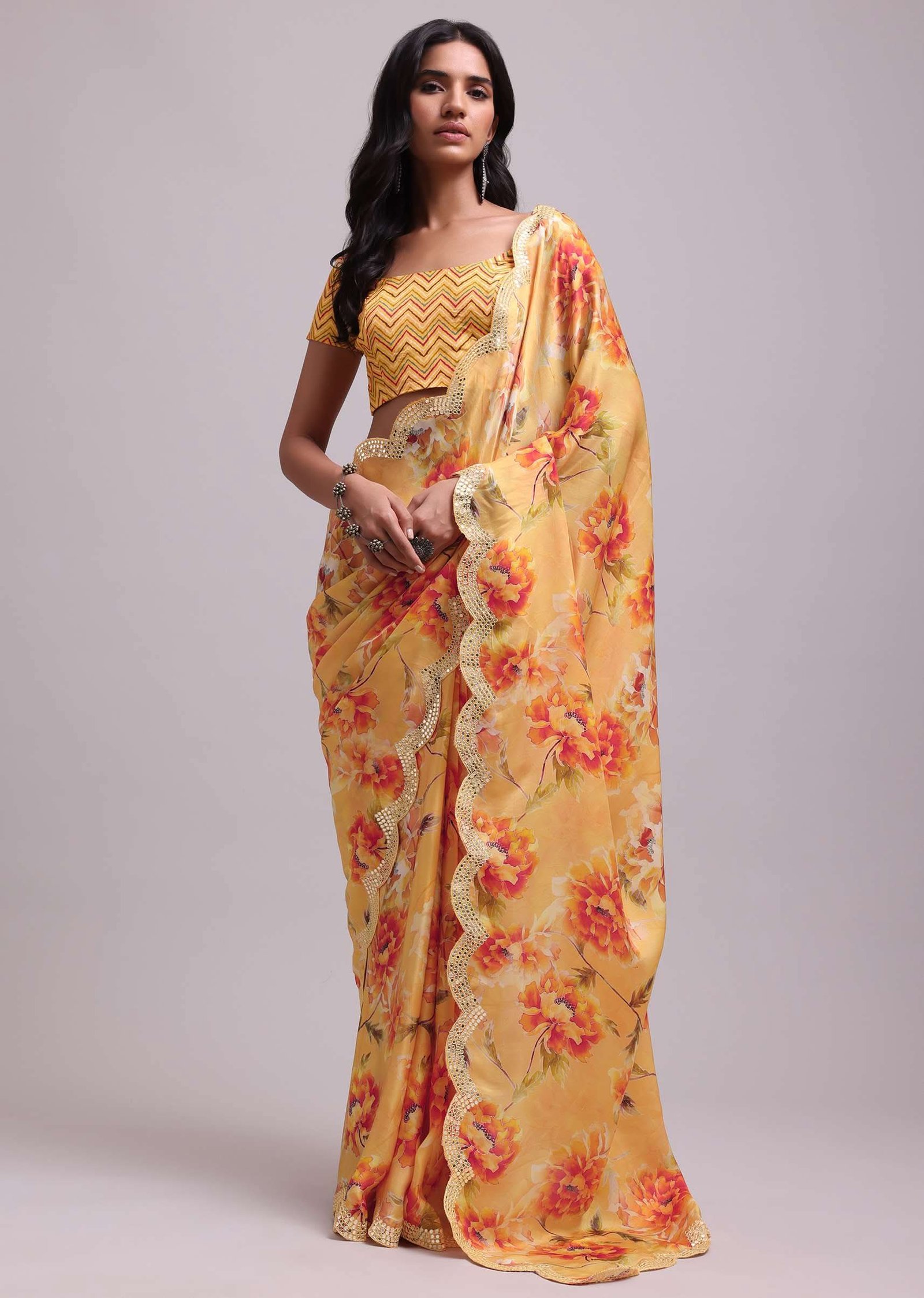 Amber Yellow Festive Saree In Muslin With Floral Prints And Gota Patti Border Work