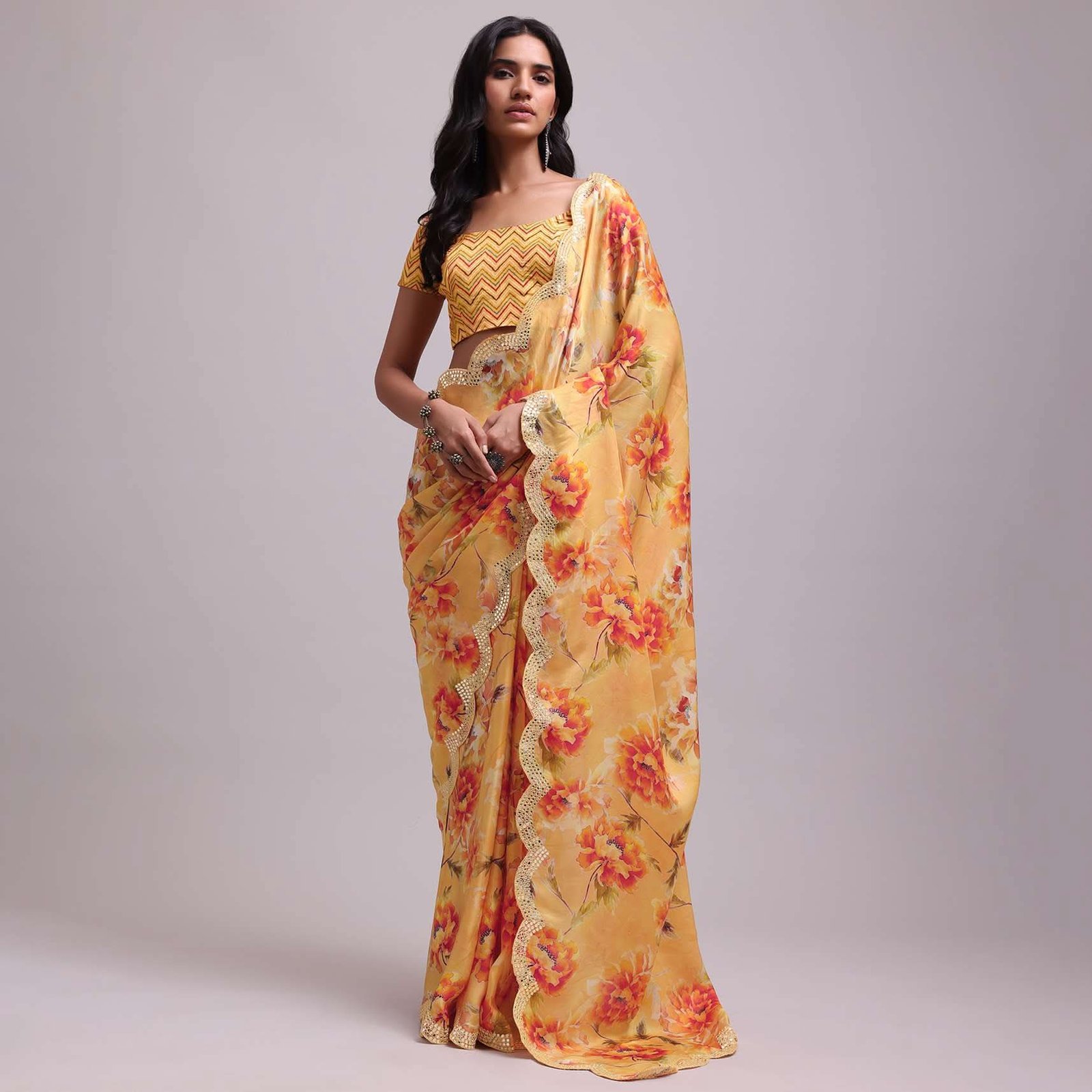 Amber Yellow Festive Saree In Muslin With Floral Prints And Gota Patti Border Work - Image 2