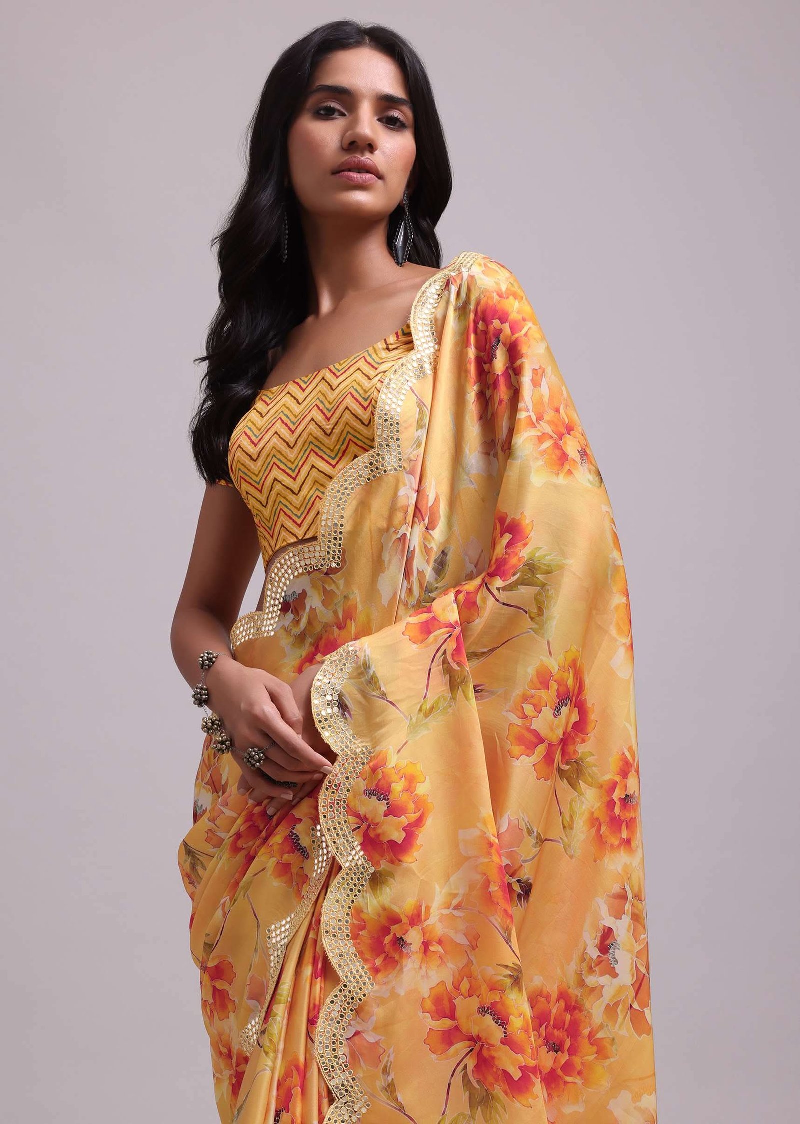 Amber Yellow Festive Saree In Muslin With Floral Prints And Gota Patti Border Work - Image 3