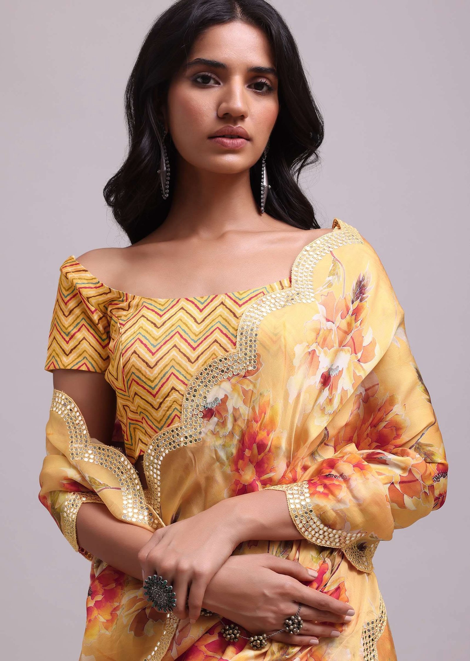 Amber Yellow Festive Saree In Muslin With Floral Prints And Gota Patti Border Work - Image 6