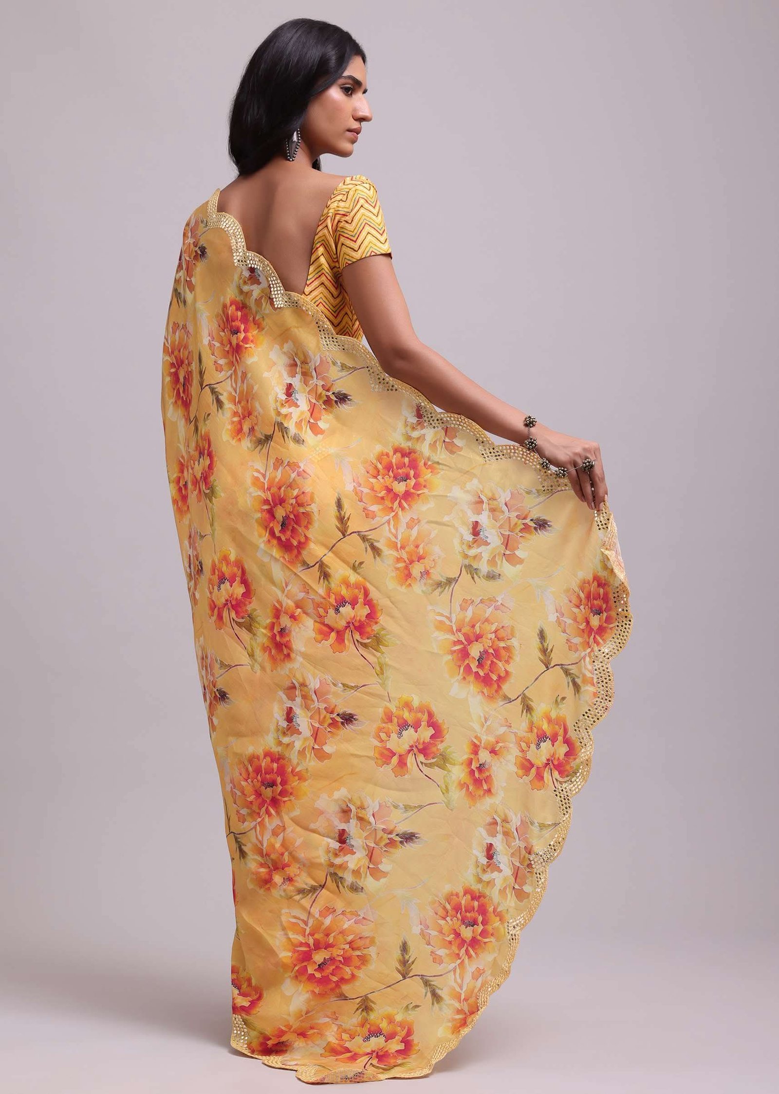 Amber Yellow Festive Saree In Muslin With Floral Prints And Gota Patti Border Work - Image 7