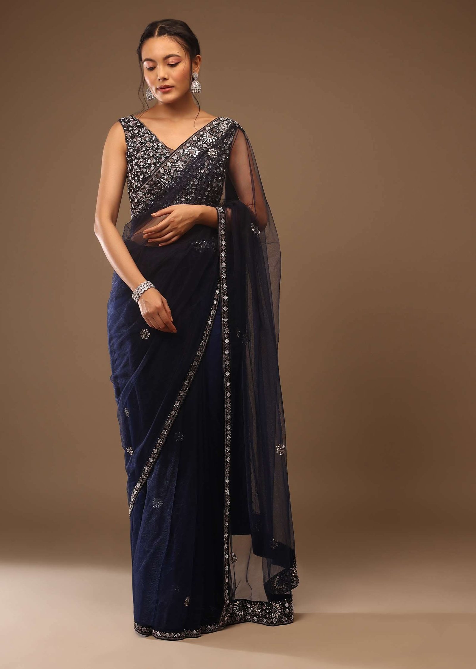 Peacoat Blue Saree With The Crop In Stones Embellishment - Image 3