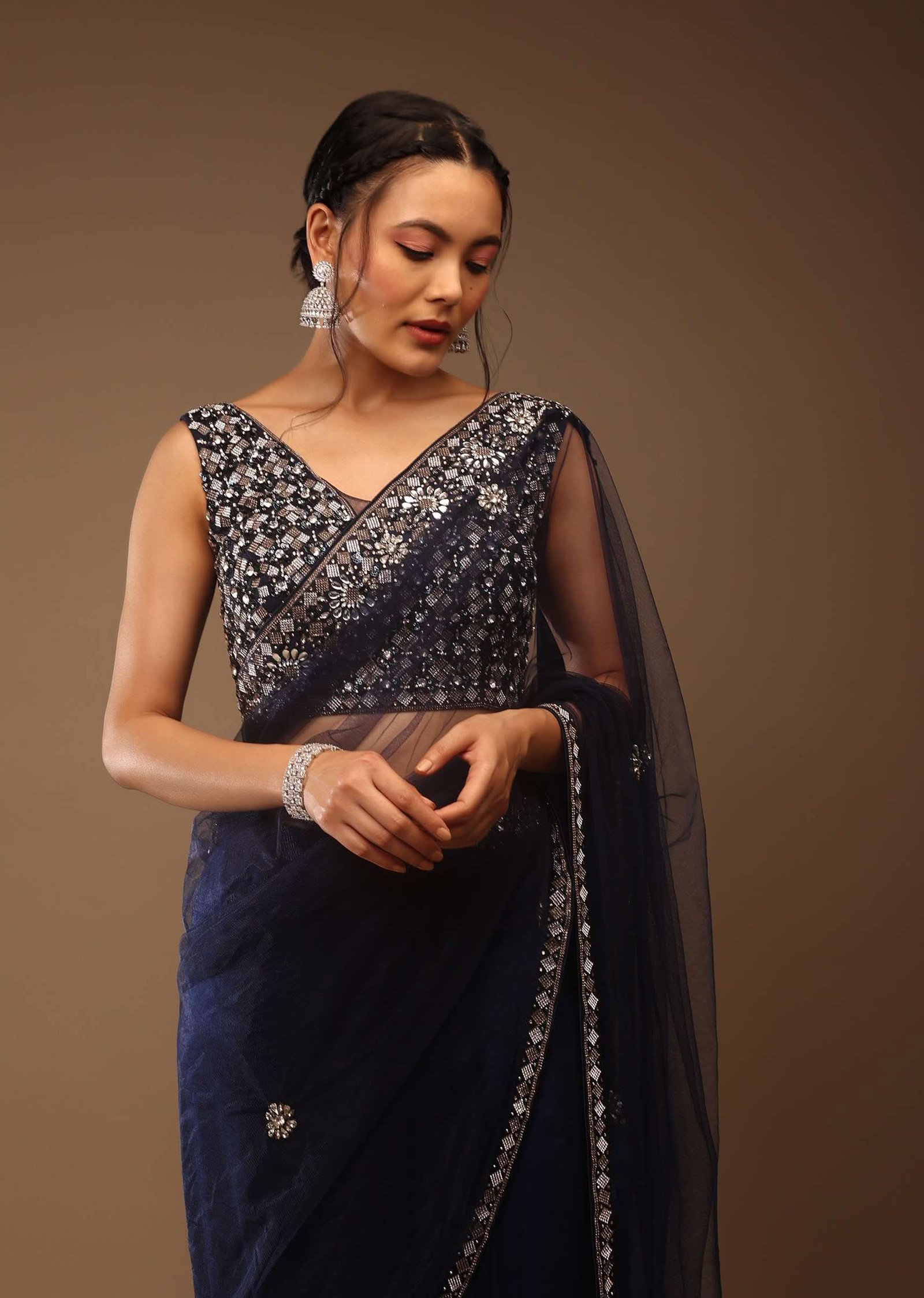 Peacoat Blue Saree With The Crop In Stones Embellishment - Image 2