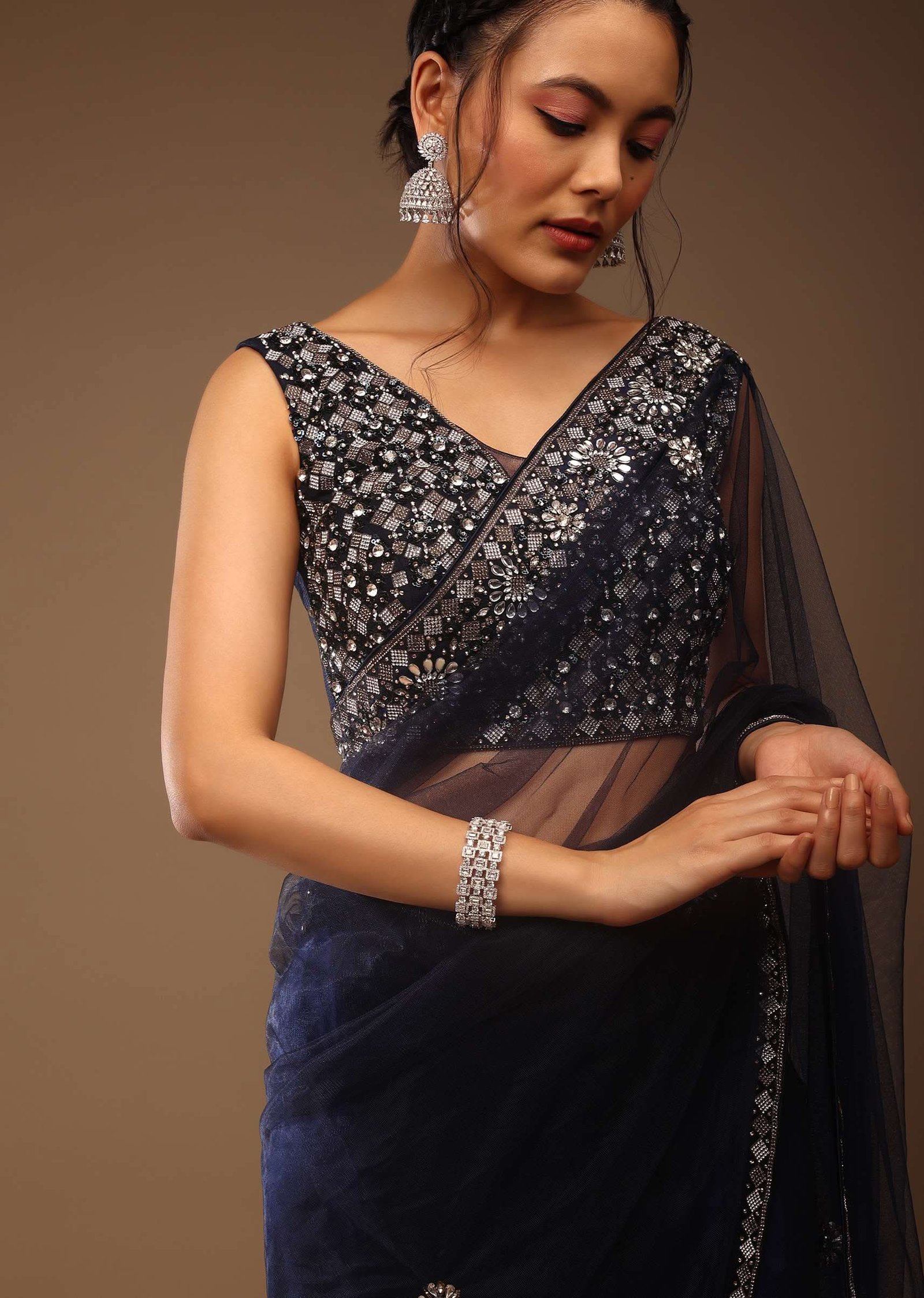 Peacoat Blue Saree With The Crop In Stones Embellishment - Image 4