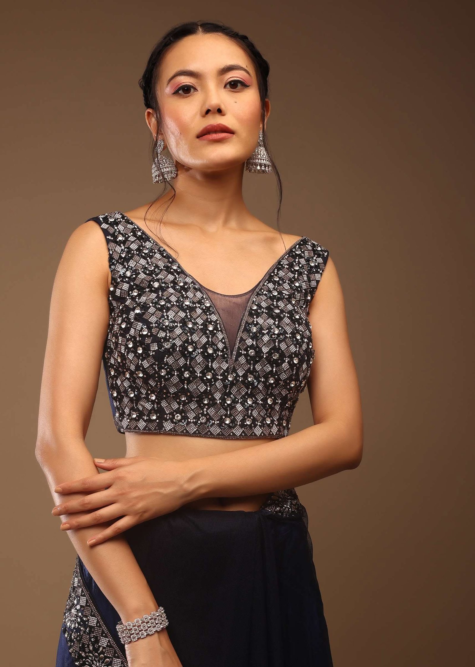 Peacoat Blue Saree With The Crop In Stones Embellishment - Image 6