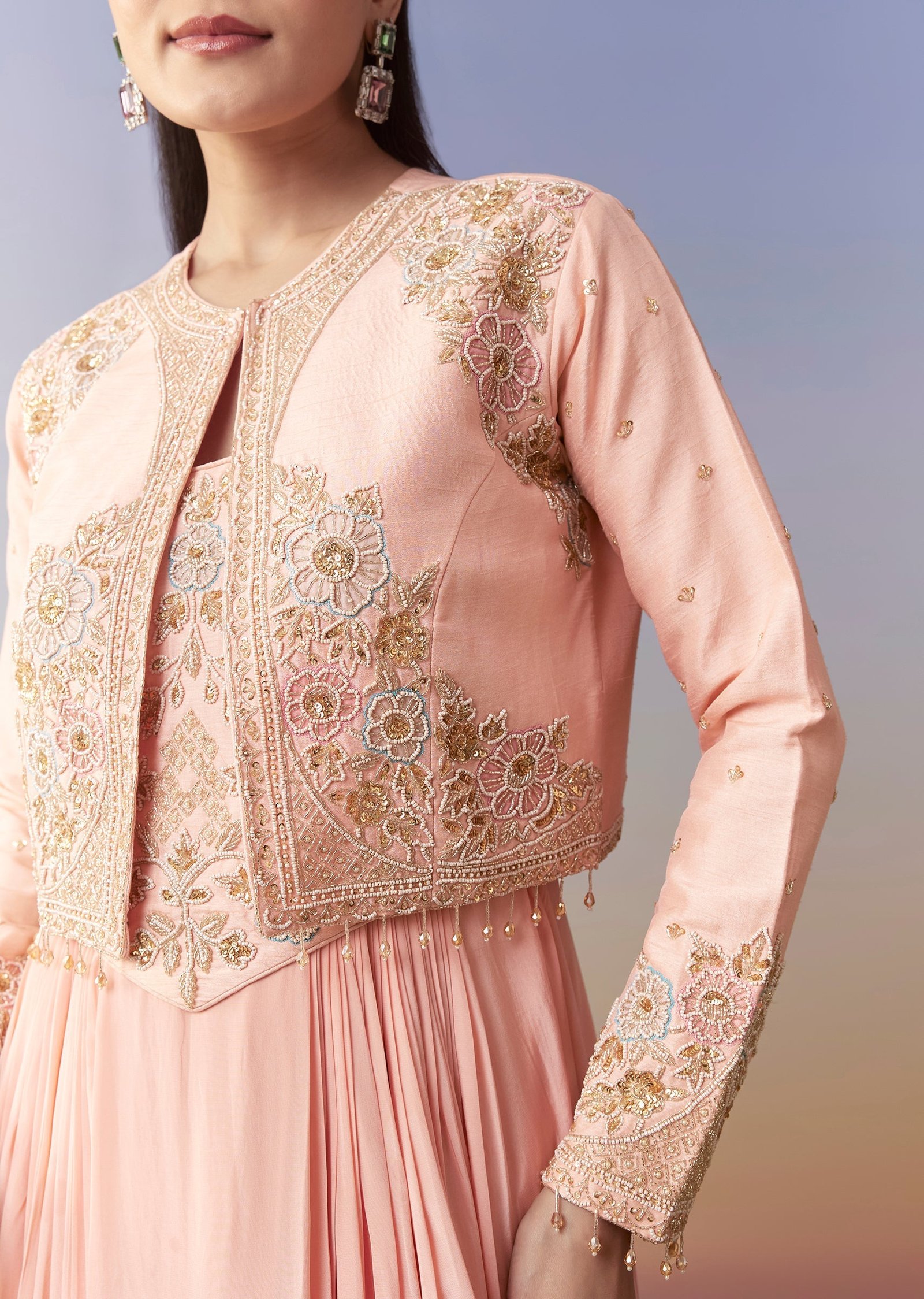 Pink Cowl Draped Gown and Jacket Set - Image 2