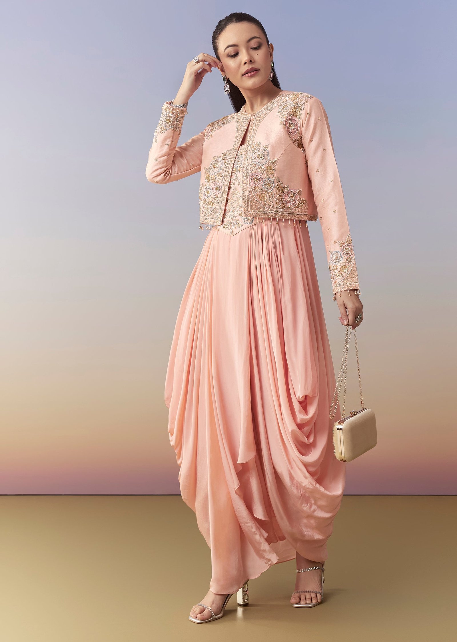 Pink Cowl Draped Gown and Jacket Set - Image 3