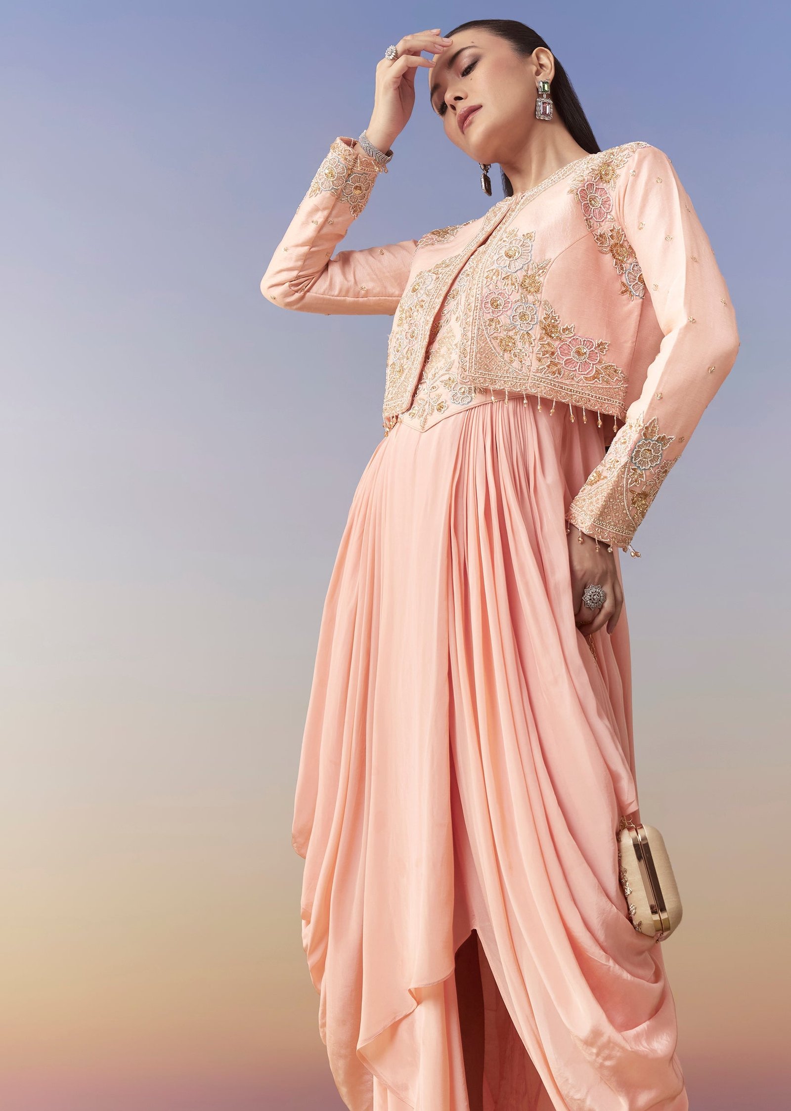 Pink Cowl Draped Gown and Jacket Set - Image 4