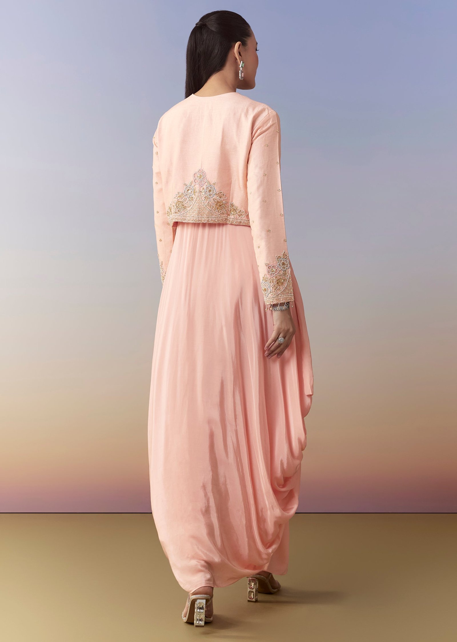 Pink Cowl Draped Gown and Jacket Set - Image 5