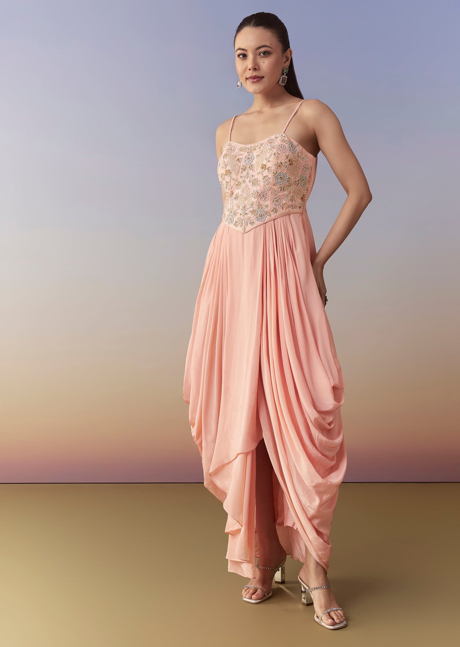 Pink Cowl Draped Gown and Jacket Set - Image 6
