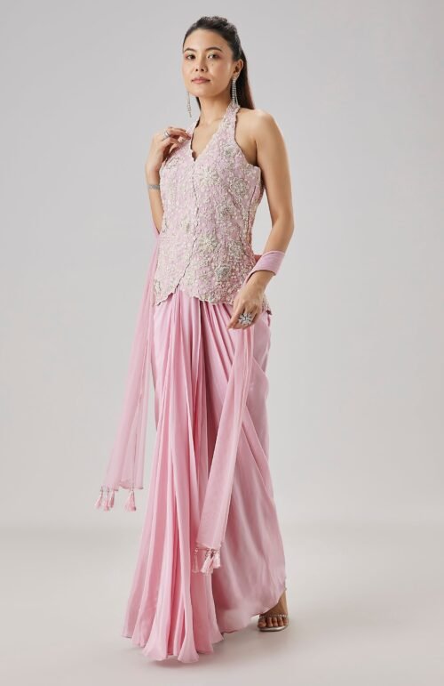 Pink Embroidered Drape Skirt Set With Dupatta