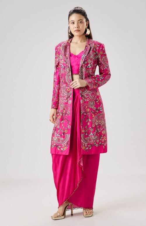 Pink Printed Silk Crop Top Skirt Set With Embellished Jacket