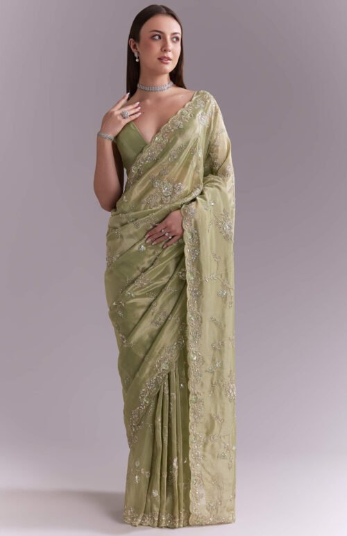 Pista Green Tissue Saree With Heavy Floral Embroidery