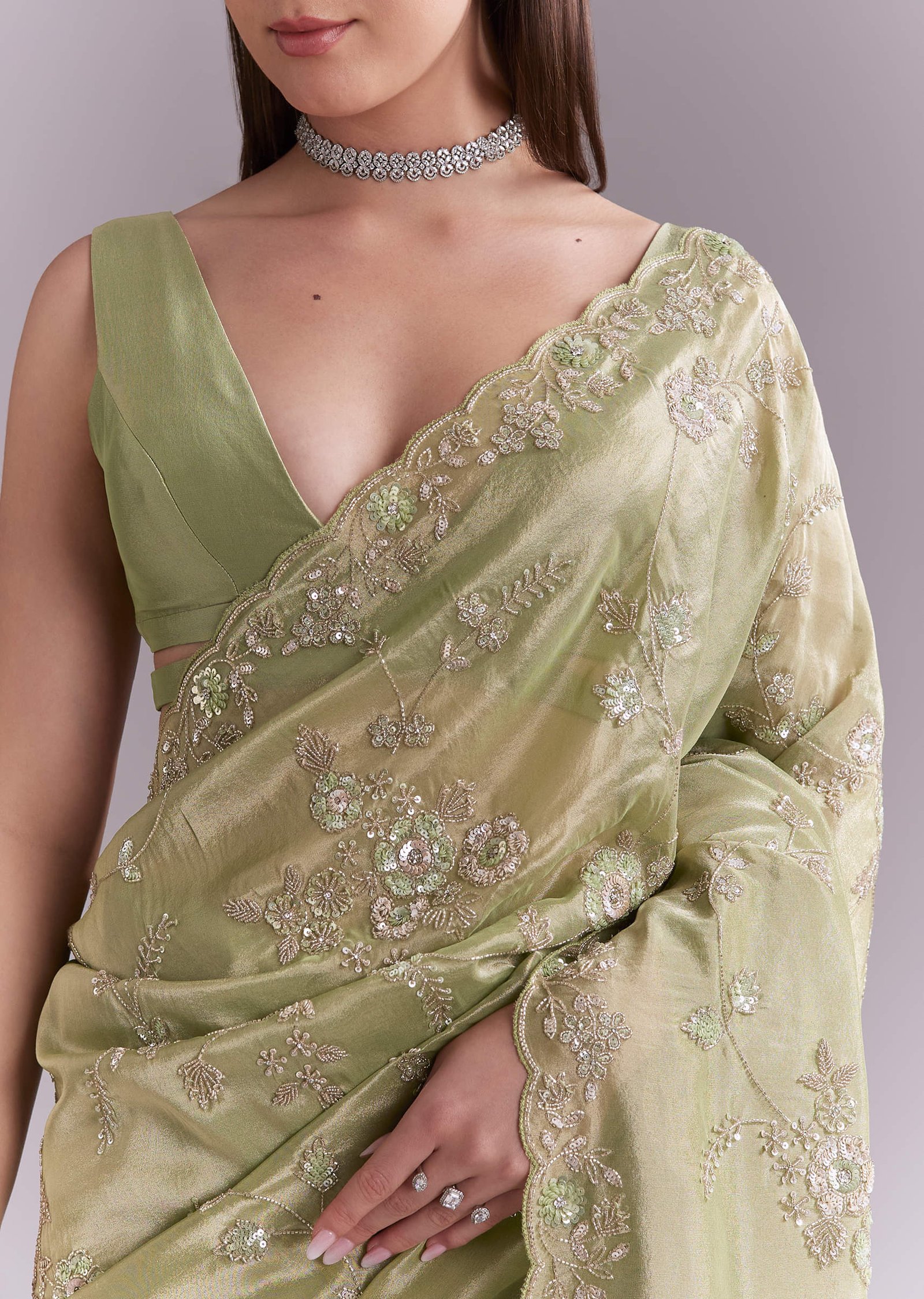 Pista Green Tissue Saree With Heavy Floral Embroidery - Image 2