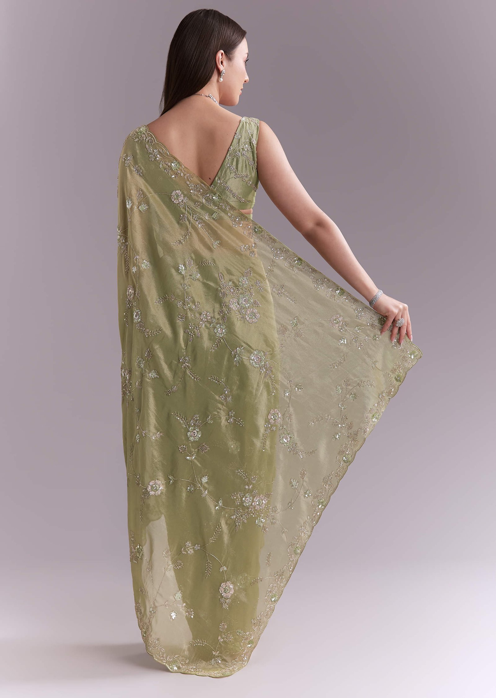 Pista Green Tissue Saree With Heavy Floral Embroidery - Image 4