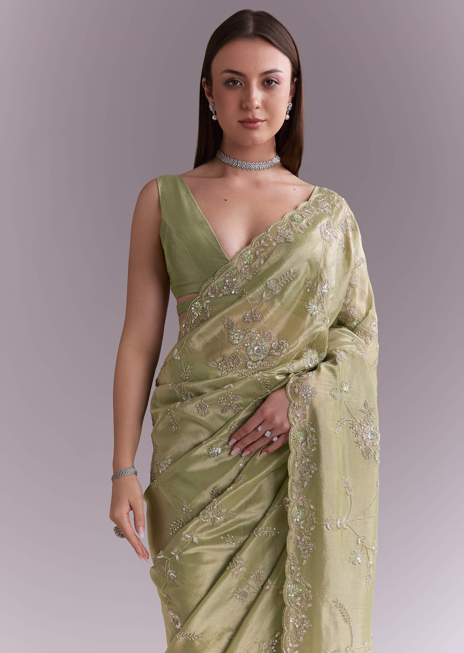 Pista Green Tissue Saree With Heavy Floral Embroidery - Image 5