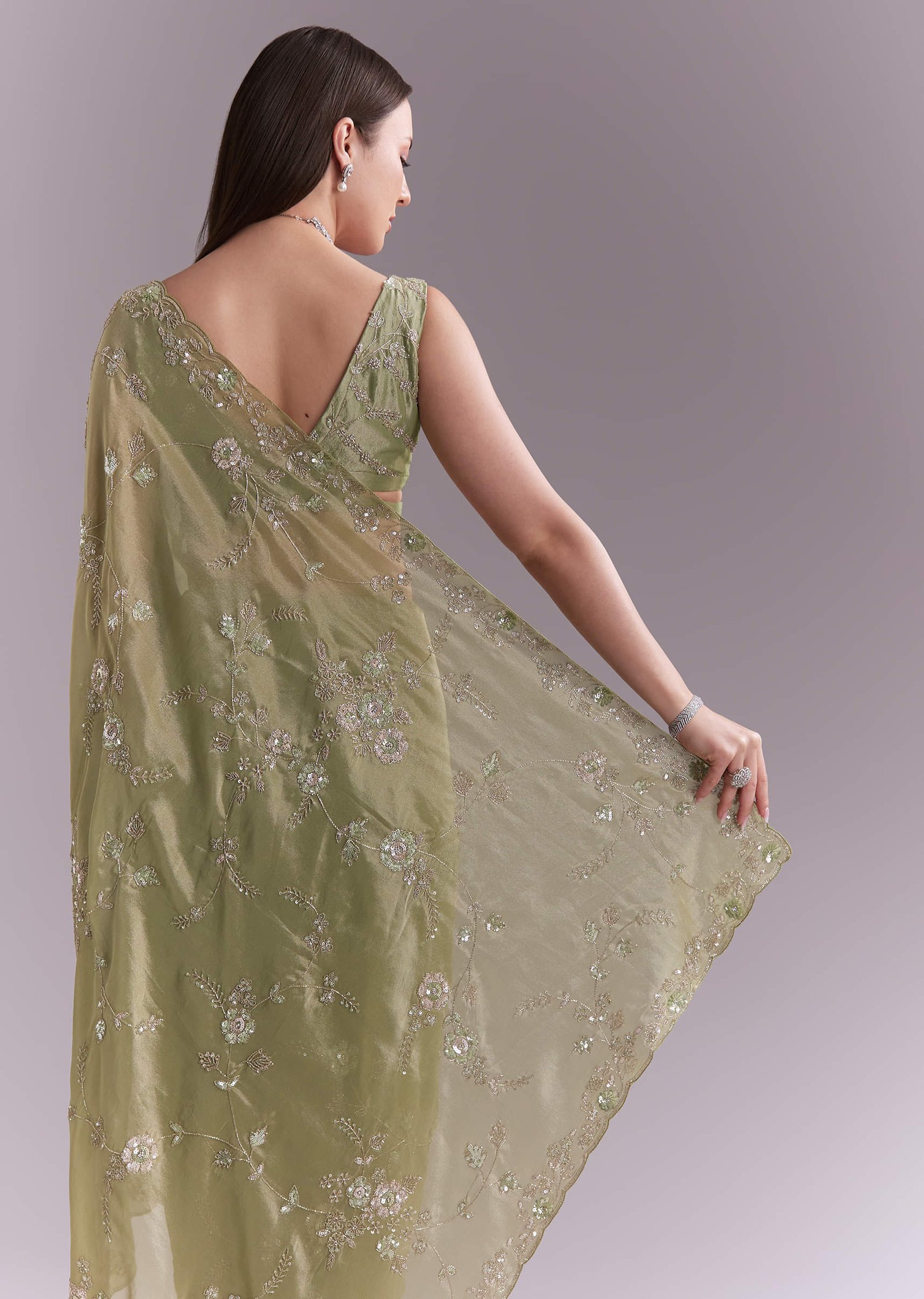 Pista Green Tissue Saree With Heavy Floral Embroidery - Image 6