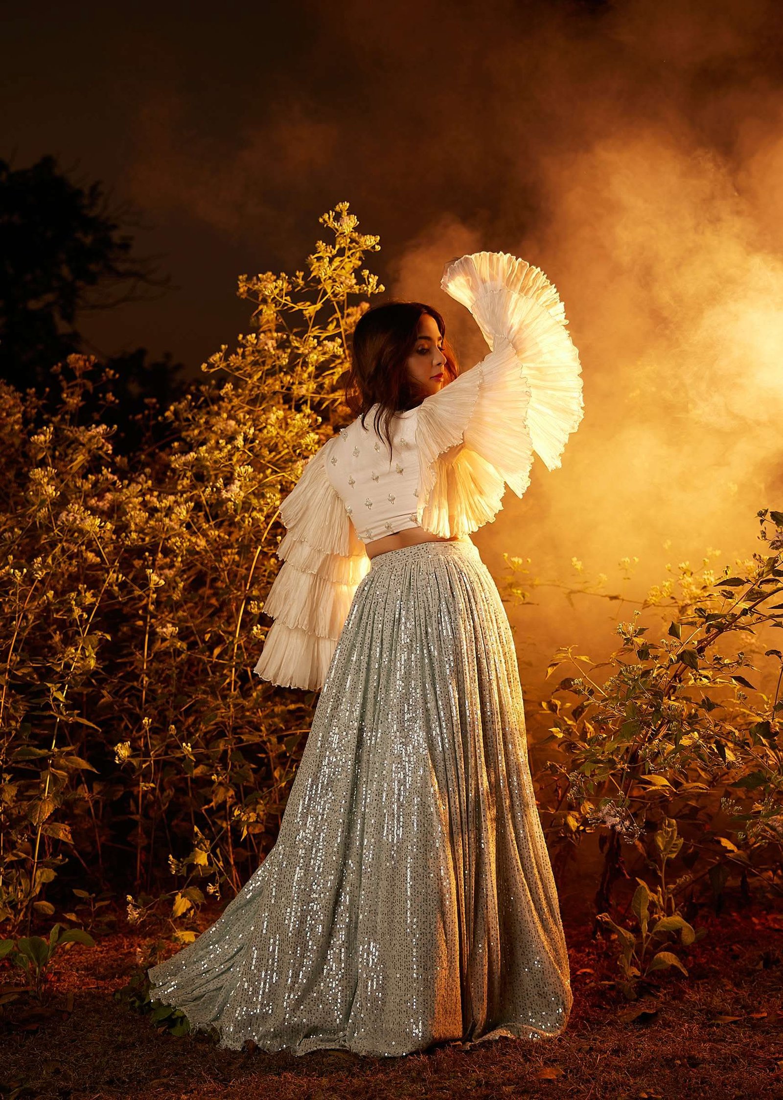 Powder Blue Sequin Skirt And White Crop Top With Fancy Layered Bell Sleeves And Plunging Neckline - Image 5