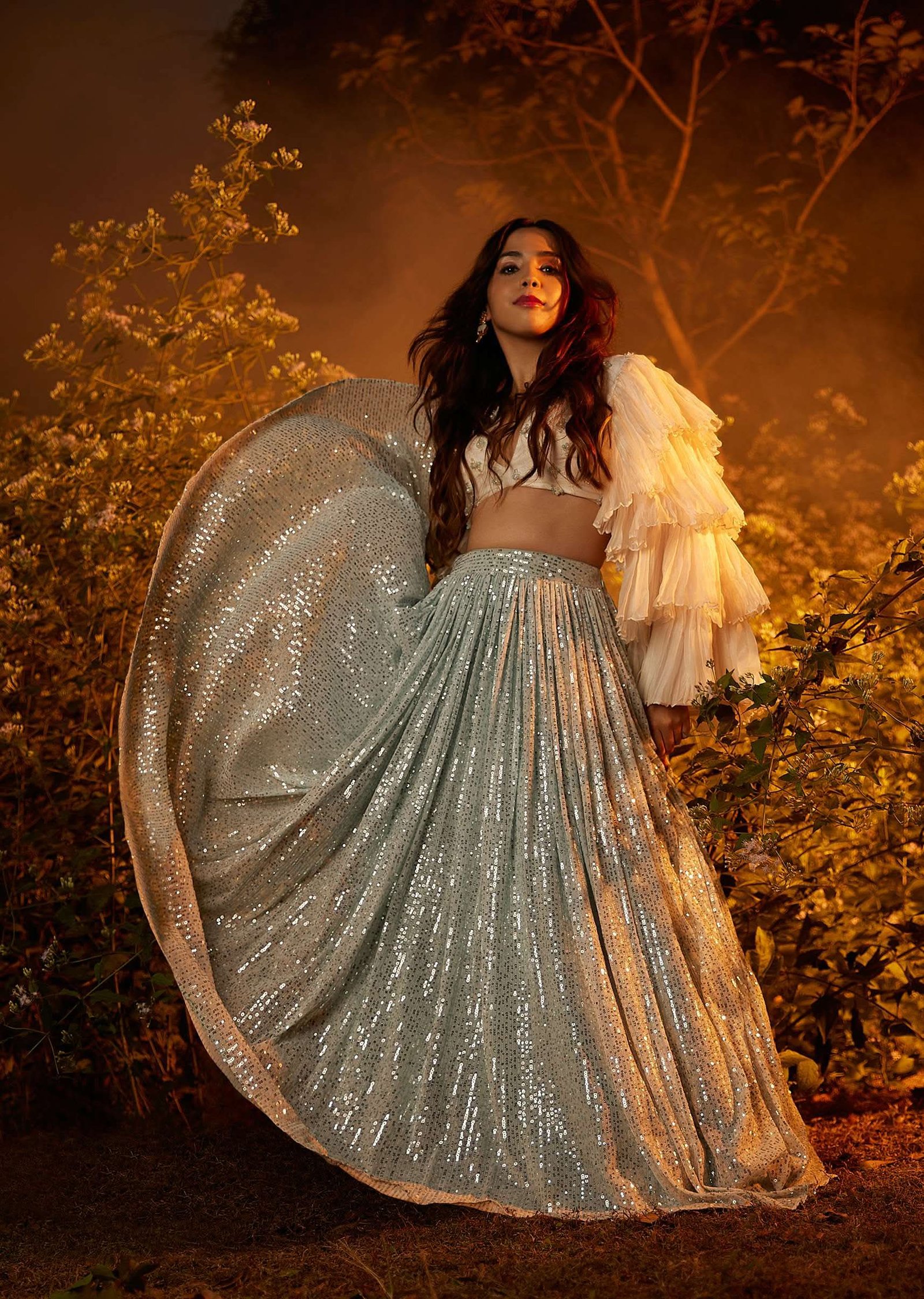 Powder Blue Sequin Skirt And White Crop Top With Fancy Layered Bell Sleeves And Plunging Neckline - Image 7