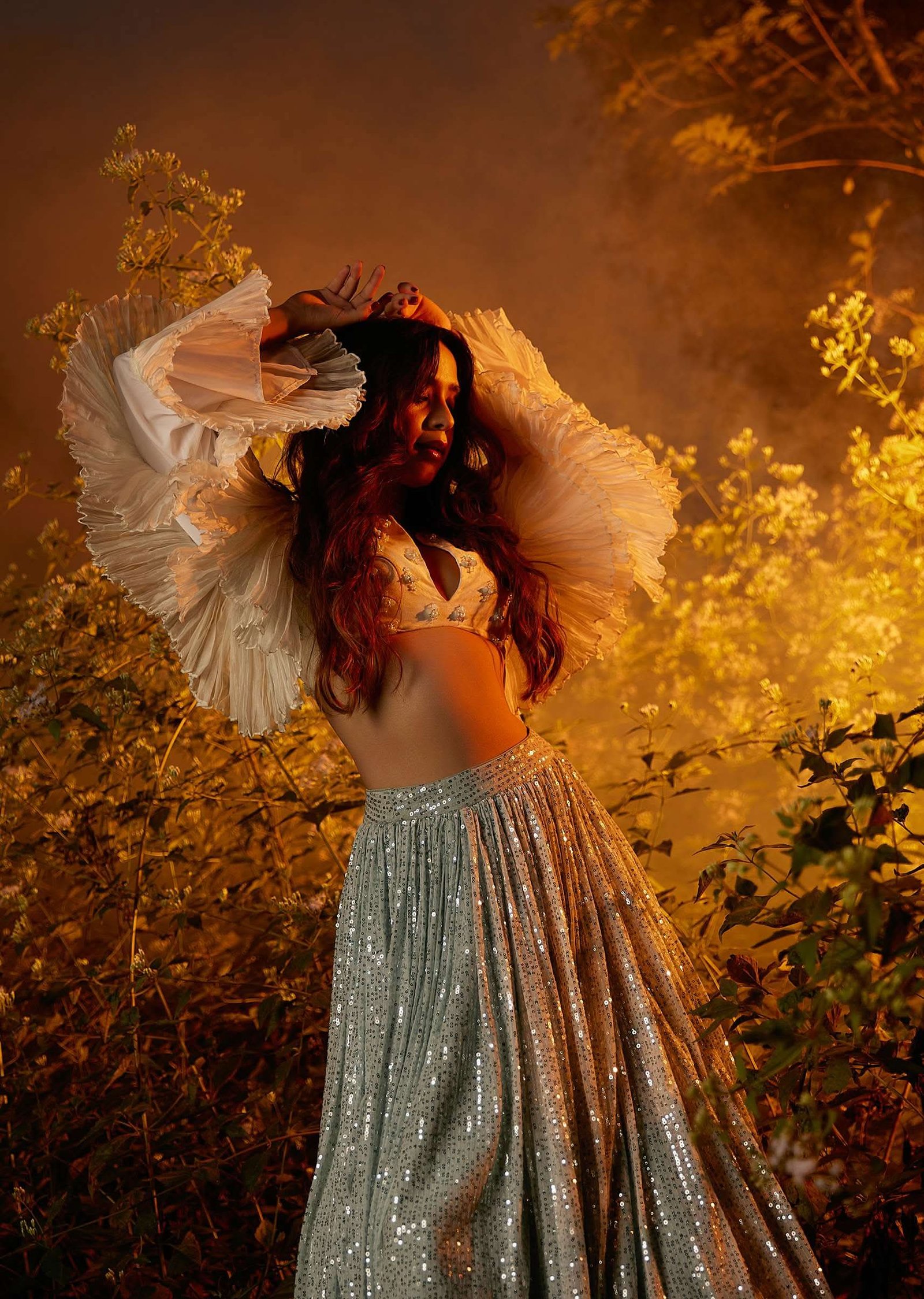 Powder Blue Sequin Skirt And White Crop Top With Fancy Layered Bell Sleeves And Plunging Neckline - Image 3