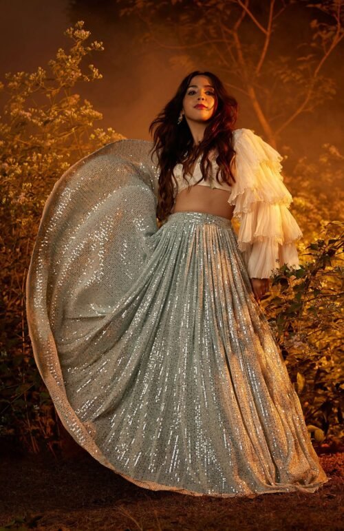 Powder Blue Sequin Skirt And White Crop Top With Fancy Layered Bell Sleeves And Plunging Neckline