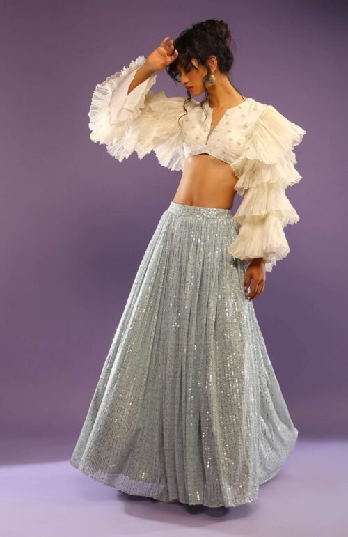 Powder Blue Sequin Skirt And White Crop Top With Fancy Layered Bell Sleeves And Plunging Neckline