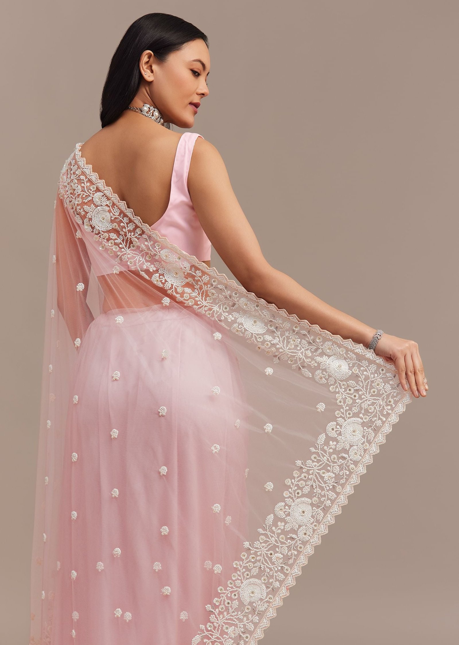Powder Pink Net Saree Embroidered With Beads And Sequins - Image 6