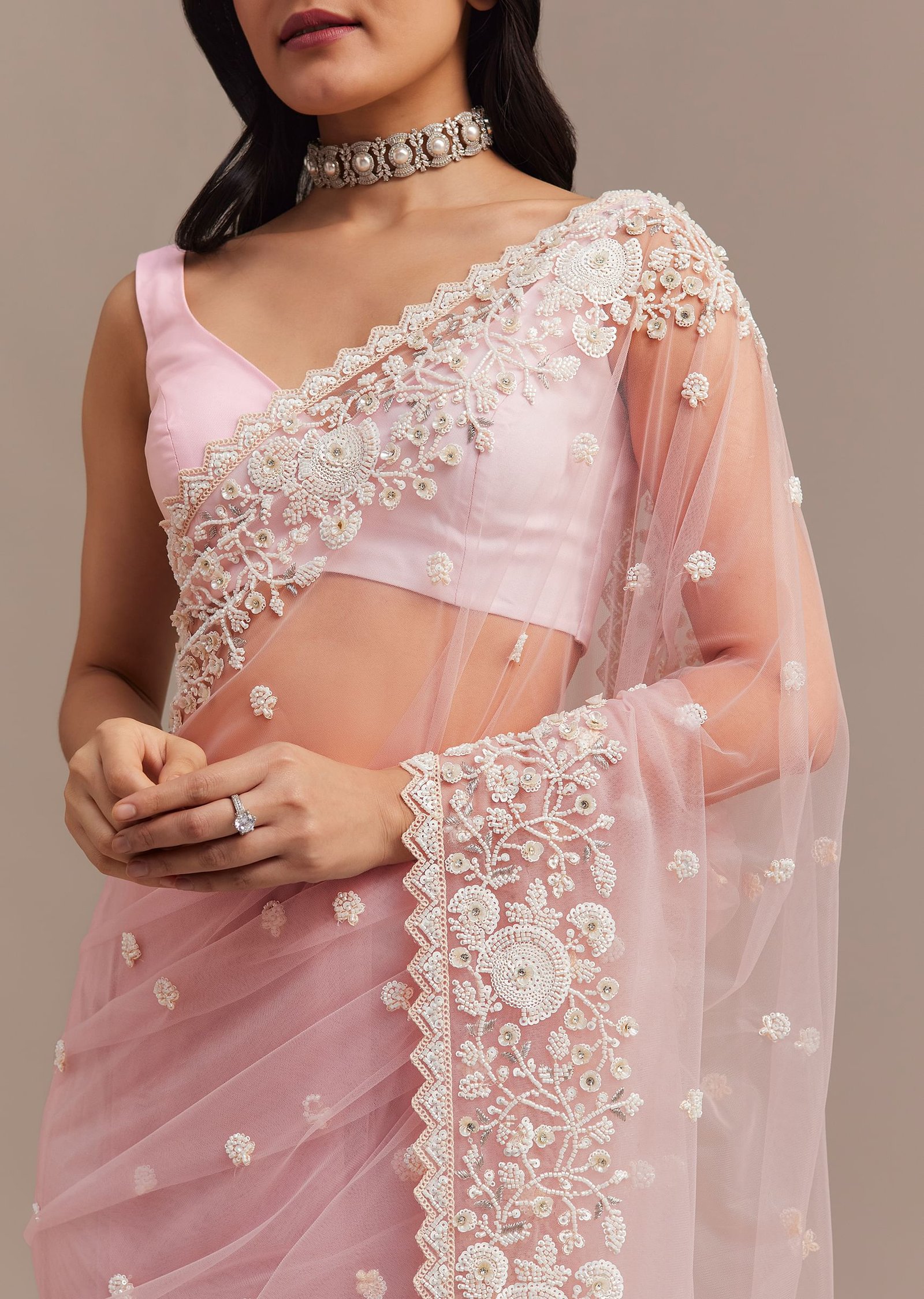 Powder Pink Net Saree Embroidered With Beads And Sequins - Image 2