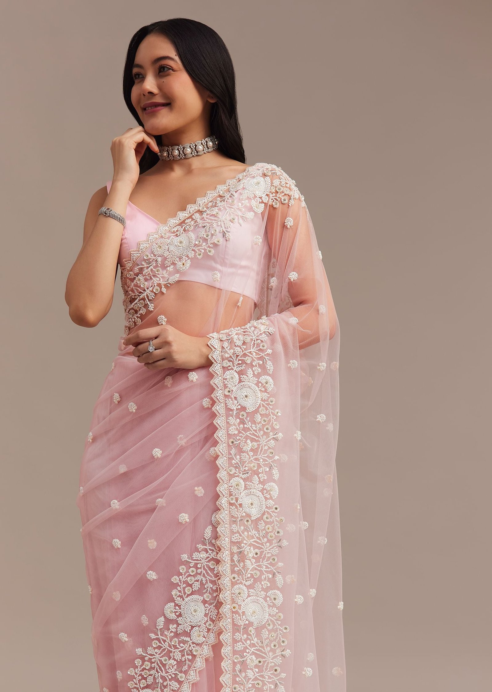 Powder Pink Net Saree Embroidered With Beads And Sequins - Image 5
